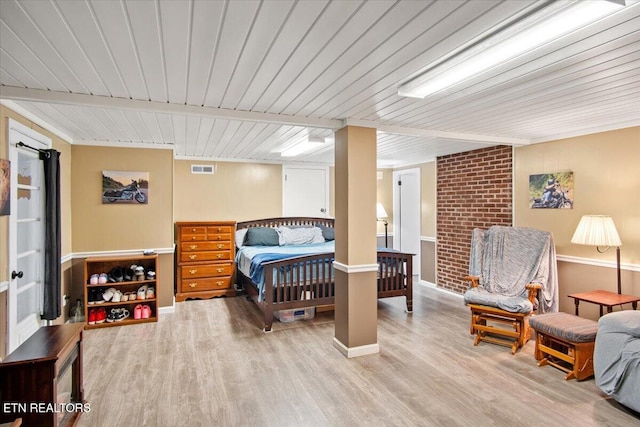 bedroom featuring light hardwood / wood-style floors and wood ceiling