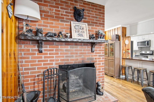 details featuring a fireplace, stainless steel appliances, and wood-type flooring