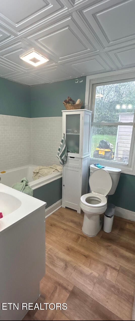 bathroom with hardwood / wood-style floors, vanity, and toilet