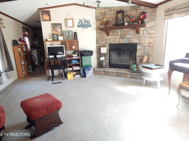 carpeted living room featuring vaulted ceiling with beams, ornamental molding, and a fireplace