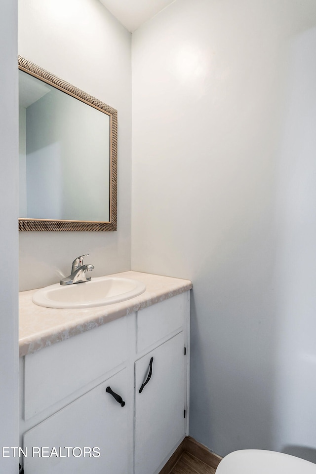 bathroom with hardwood / wood-style flooring, vanity, and toilet