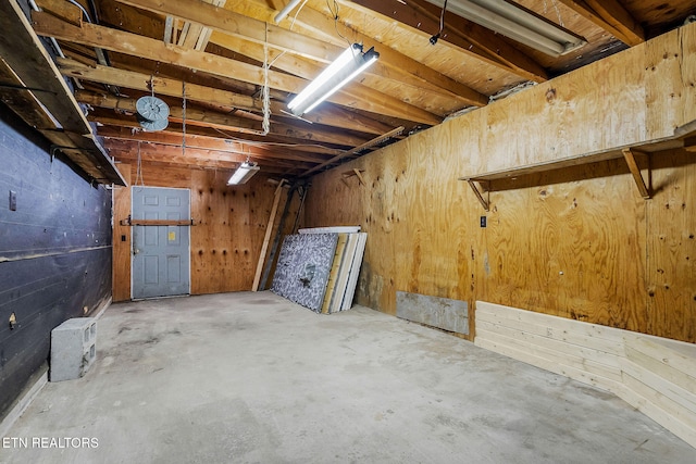 basement featuring wooden walls