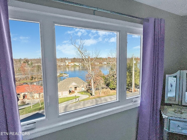 interior details with a water view