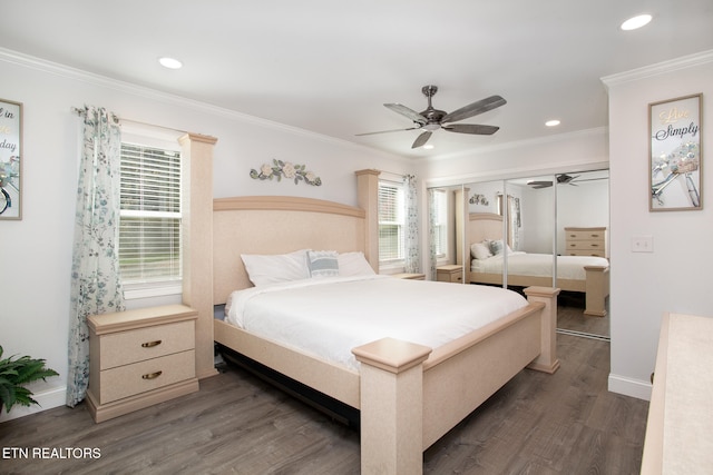 bedroom with ceiling fan, a closet, crown molding, and dark hardwood / wood-style floors