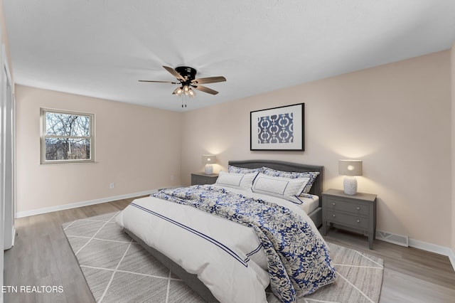 bedroom with ceiling fan and light wood-type flooring