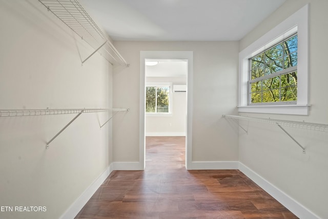 walk in closet with an AC wall unit and dark wood-type flooring