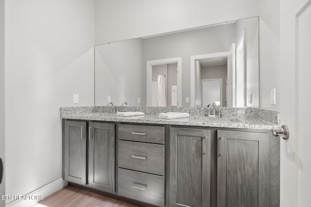 bathroom with hardwood / wood-style floors and vanity