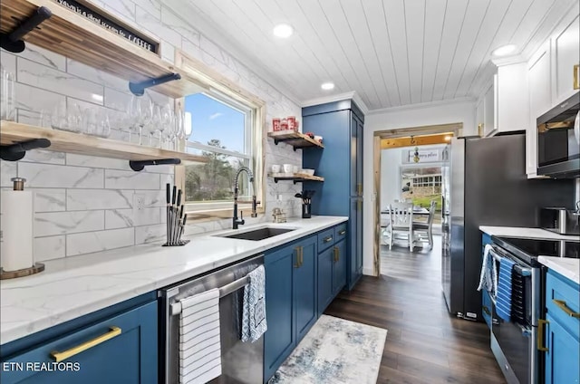 1448 Dover Ln, Dandridge, TN 37725 - kitchen with blue cabinets, open shelves, stainless steel appliances, recessed lighting, and tasteful backsplash