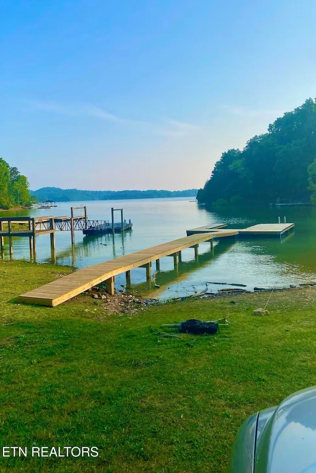 dock area featuring a water view and a lawn