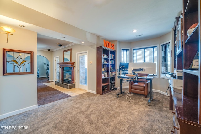 office area featuring carpet and ornamental molding