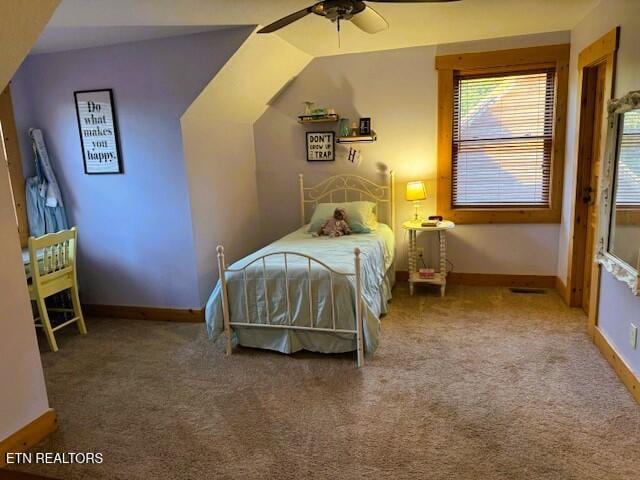 bedroom featuring carpet flooring, ceiling fan, and lofted ceiling