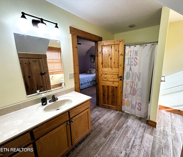 bathroom with vanity and wood-type flooring