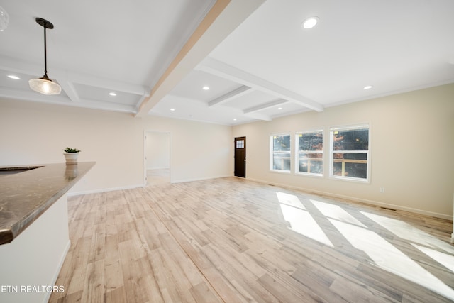 unfurnished living room with beam ceiling and light hardwood / wood-style floors