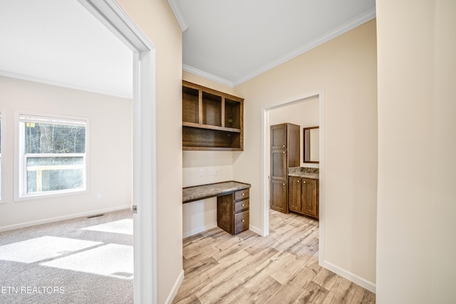 interior space with crown molding and light hardwood / wood-style flooring