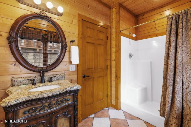 bathroom with a shower with shower curtain, wooden ceiling, and wooden walls