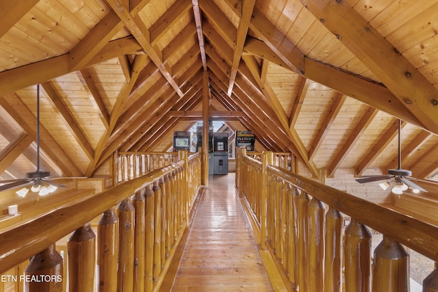1707 High Rock Way, Sevierville, TN 37862 - hallway featuring wooden ceiling, an upstairs landing, light wood-style floors, and wooden walls
