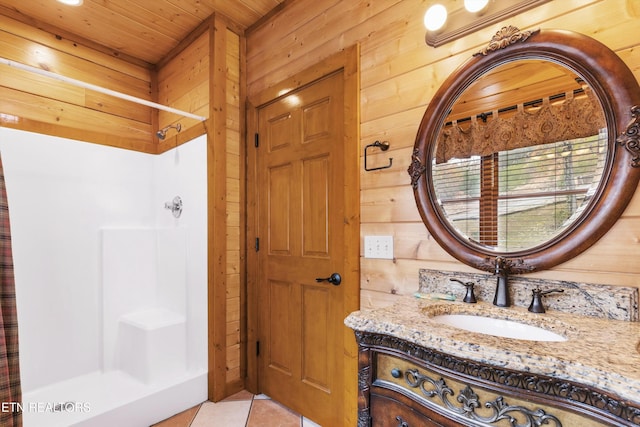 bathroom featuring wood walls, tile patterned flooring, a shower, and wood ceiling