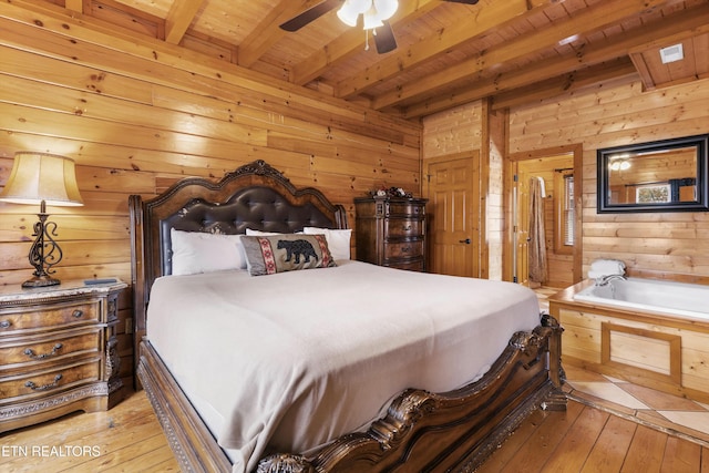 bedroom with light wood-type flooring, wood ceiling, ceiling fan, wooden walls, and beamed ceiling