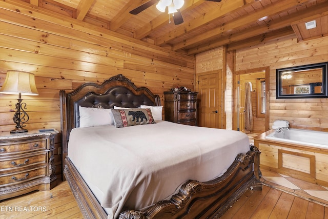 1707 High Rock Way, Sevierville, TN 37862 - bedroom with wood ceiling with exposed beams, wooden walls, and light wood-style flooring