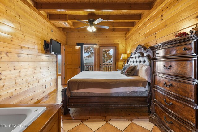 tiled bedroom featuring beamed ceiling, wood ceiling, and wooden walls