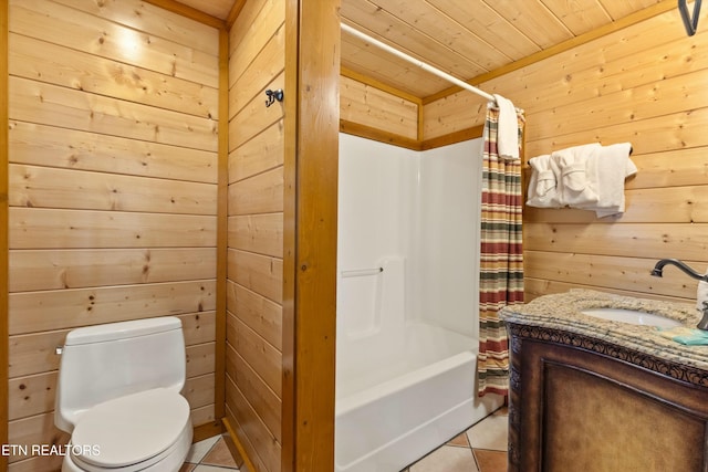 full bathroom with tile patterned floors, wood walls, toilet, wood ceiling, and shower / tub combo