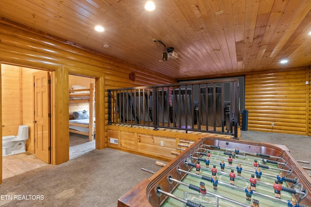 game room featuring wood ceiling, carpet floors, and log walls