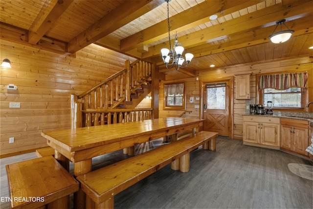 dining room featuring wood ceiling, wooden walls, beam ceiling, a chandelier, and dark hardwood / wood-style floors