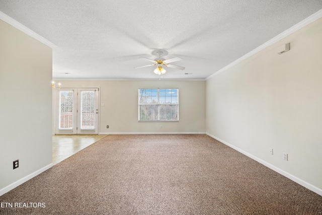 carpeted empty room with ceiling fan with notable chandelier, ornamental molding, and a textured ceiling