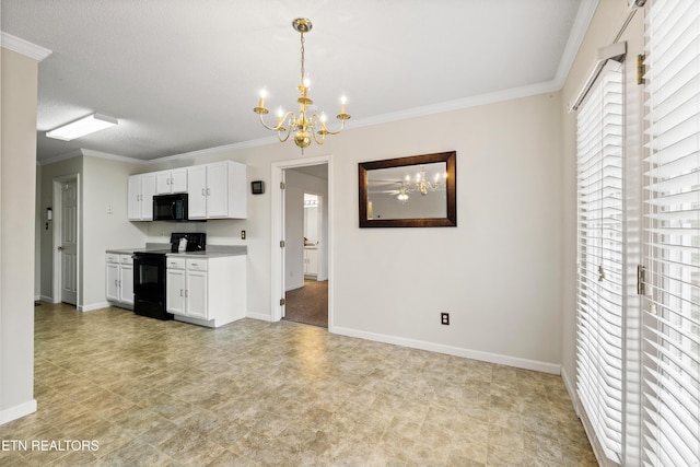 kitchen with a chandelier, pendant lighting, white cabinets, black appliances, and ornamental molding