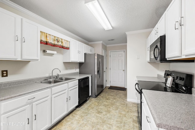 kitchen featuring sink, a textured ceiling, white cabinets, black appliances, and ornamental molding