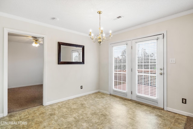 unfurnished room featuring a textured ceiling, crown molding, and ceiling fan with notable chandelier