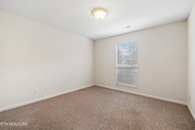 spare room featuring carpet flooring and a textured ceiling