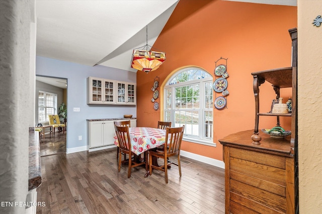 dining space featuring dark hardwood / wood-style flooring, high vaulted ceiling, and plenty of natural light