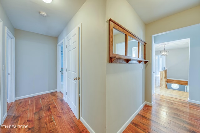 corridor with wood-type flooring and an inviting chandelier