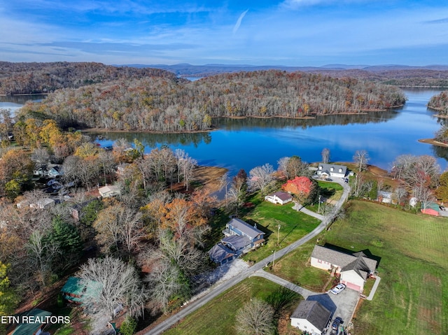 drone / aerial view featuring a water view