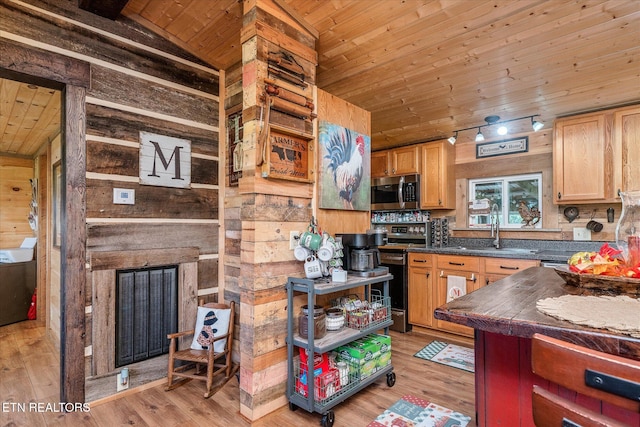 kitchen with wooden walls, sink, light hardwood / wood-style floors, and appliances with stainless steel finishes