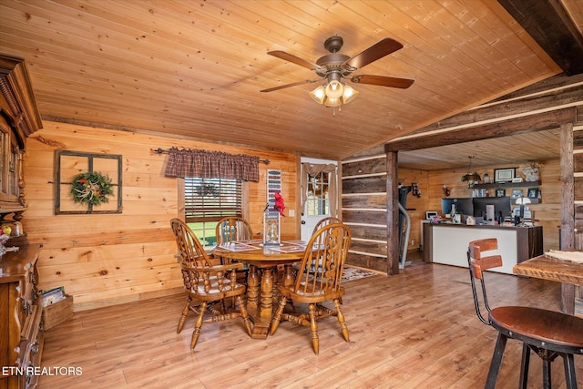 dining room featuring ceiling fan, wood walls, light hardwood / wood-style floors, and wood ceiling