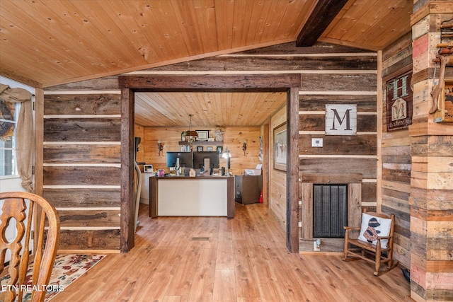 living room featuring wood-type flooring, wooden walls, and wood ceiling