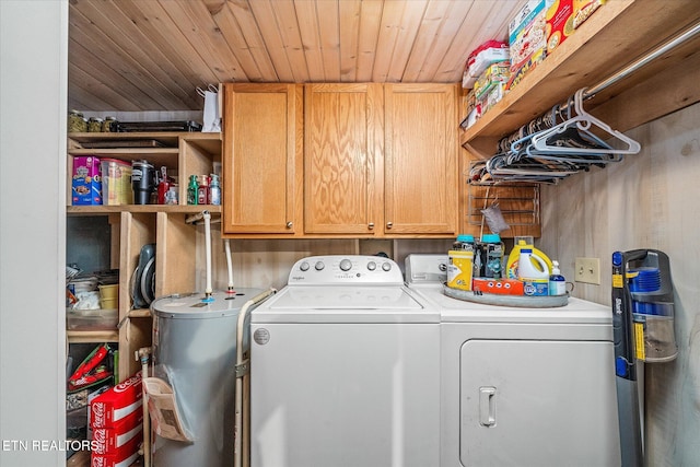 laundry room with washer and dryer, cabinets, wood ceiling, and water heater