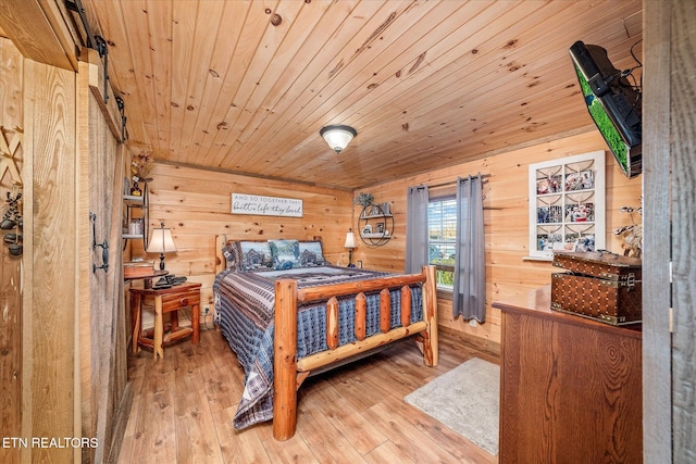 bedroom featuring hardwood / wood-style flooring, wooden ceiling, and wood walls