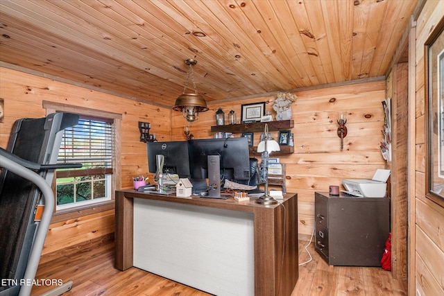 office with wooden walls, hardwood / wood-style floors, and wood ceiling