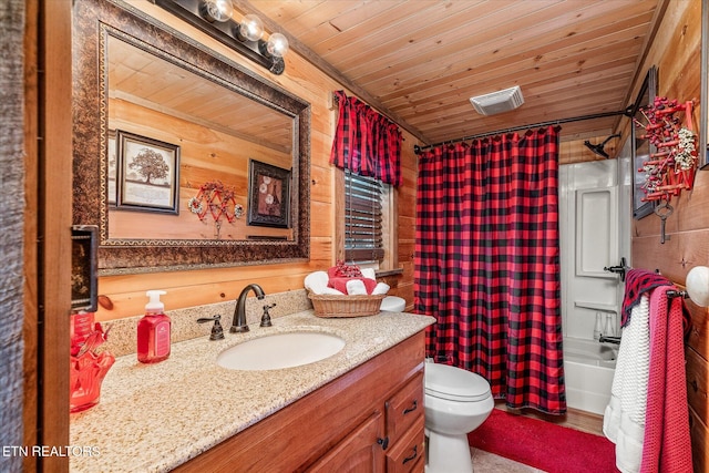 full bathroom featuring wood ceiling, vanity, shower / tub combo with curtain, wooden walls, and toilet