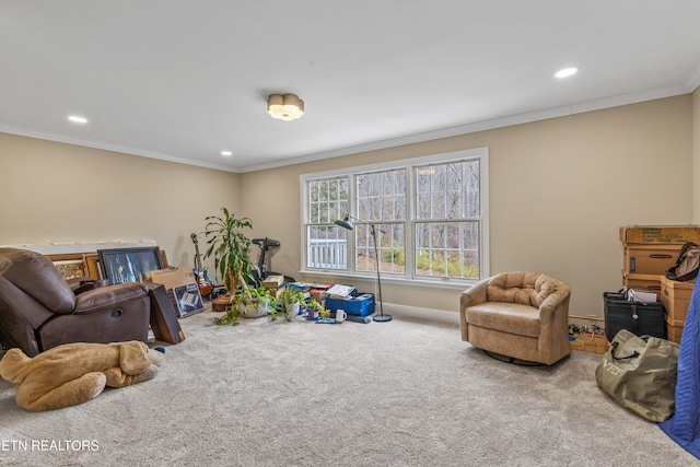 game room featuring carpet and ornamental molding