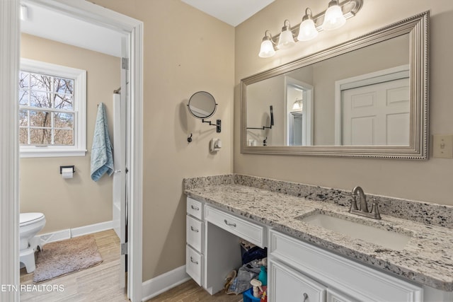 bathroom featuring vanity, toilet, and wood-type flooring