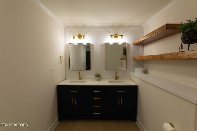 bathroom with vanity, wood-type flooring, ornamental molding, and backsplash