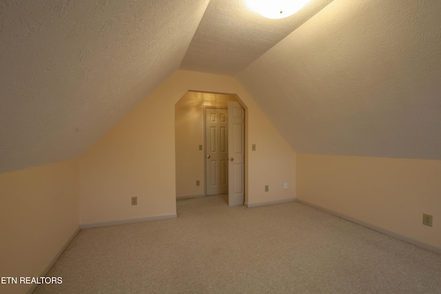 additional living space with carpet, lofted ceiling, and a textured ceiling