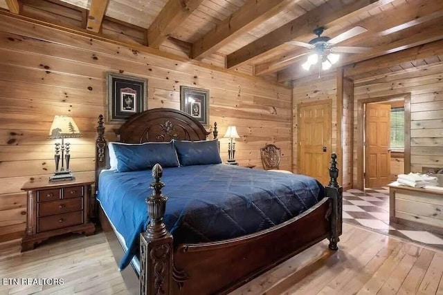 bedroom with ceiling fan, wooden walls, beam ceiling, wooden ceiling, and light hardwood / wood-style floors