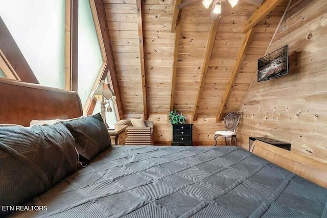 interior space featuring vaulted ceiling with beams, wooden walls, and wood ceiling