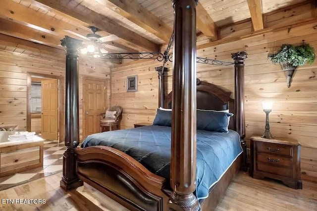 bedroom with wood ceiling, ceiling fan, beam ceiling, light hardwood / wood-style flooring, and wood walls