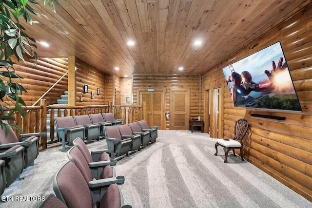 cinema featuring carpet flooring, wooden ceiling, and rustic walls